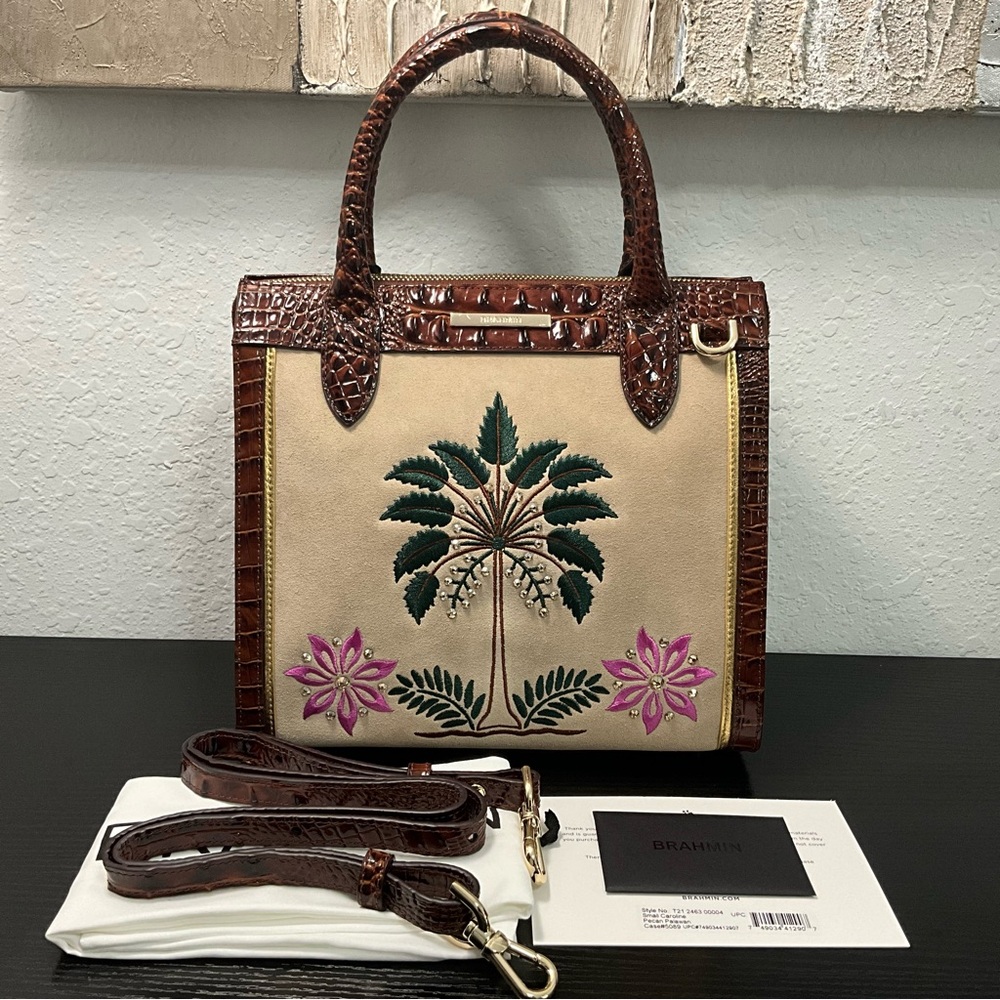 Brahmin Small Caroline PECAN PALAWAN W/Embroidered Palm Tree & Flowers